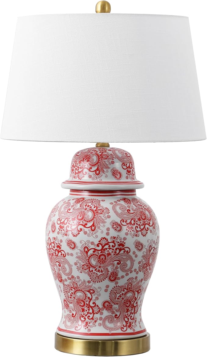 JONATHAN Y 29.5" Red/White Ceramic Table Lamp for Living Room and Office, White Linen Drum Shade, Traditional Chinoiserie Ginger Jar Lamp, LED Bulb Included (JYL3008C)