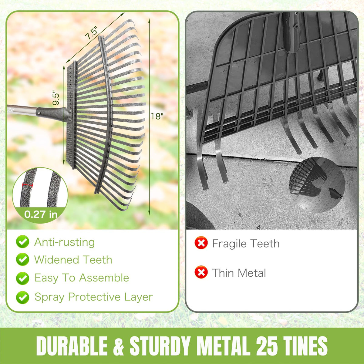 Joyhalo Rake for Leaves Adjustable 65 Inch Long, 18 Inch Wide Garden Rake with 25 Tines, Metal Leaf Rakes, Rakes for Lawns, Gathering Leaves, Weeds, Debris