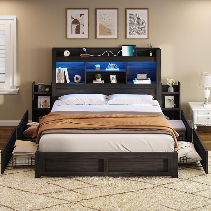 AMERLIFE Full Size Bed Frame with 4 Storage Drawers, LED Bed Frame with 49.6" Tall Bookcase Headboard, Wood Platform Bed with Charging Station & 2 Slide Bedside Shelf, No Box Spring Needed/Black