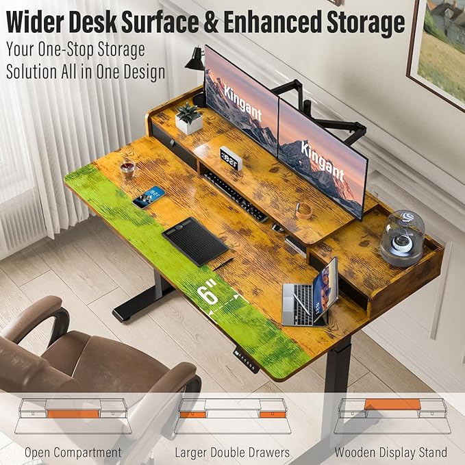 Kingant 63" x 30" Standing Desk with Drawers, Large Desktop, Ergonomic Sit Stand Desk for Home Office Work, Cable Management, 3 Preset Heights & 2 Hooks, Rustic Brown