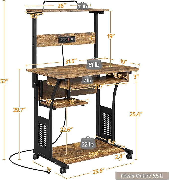 Yaheetech 3 Tiers Rolling Computer Desk on Wheels with Charging Station and Keyboard Tray, Mobile Home Office Desk PC Laptop Workstation with Power Outlet and USB Ports for Home Studying, Rustic Brown