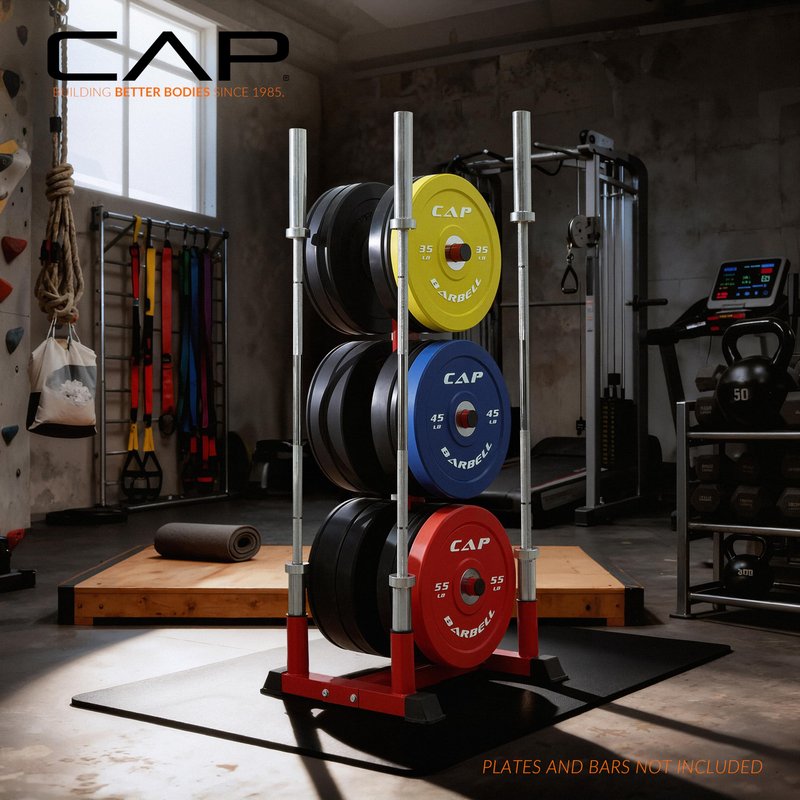 CAP Olympic Bumper Plate Tree Rack with 6 Weight Plate Posts & 4 Barbell Holders, Heavy-Duty Steel Plate Storage Rack for Home Gym, Black, 660 lb Capacity