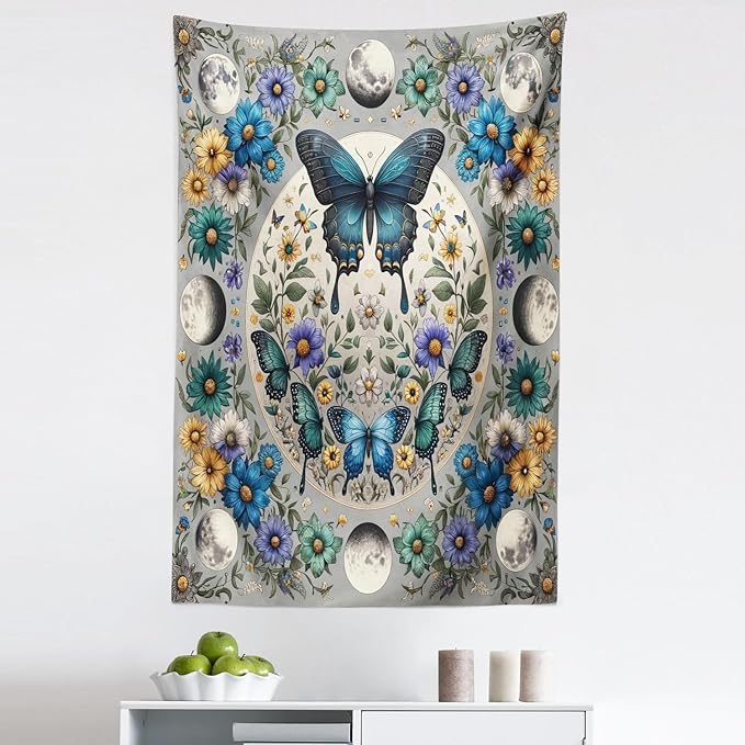 Ambesonne Boho Tapestry, Wreath of Colorful Flowers with Moon and Butterfly Pattern Witchy Scenery, Fabric Wall Hanging Decor for Bedroom Living Room Dorm, 30" X 45", Sea Blue Pale Grey Teal