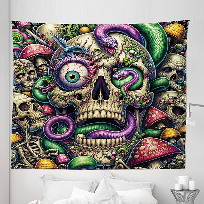 Ambesonne Trippy Tapestry King Size, Spooky Artwork of Psychedelic Snake Mushroom Huddles Skulls Monster Eye, Wall Hanging Bedspread Bed Cover Wall Decor, 104" X 88", Green Purple Pale Khaki
