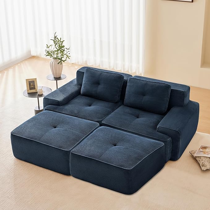 Blue Ottoman for Modular Sectional Sofa, Corduroy Deep Seat for Oversized Compressed Boneless Sectional Couches for Living Room Bedroom Apartment, Cloud Sofa Couch Set, Memory Foam, No Assembly