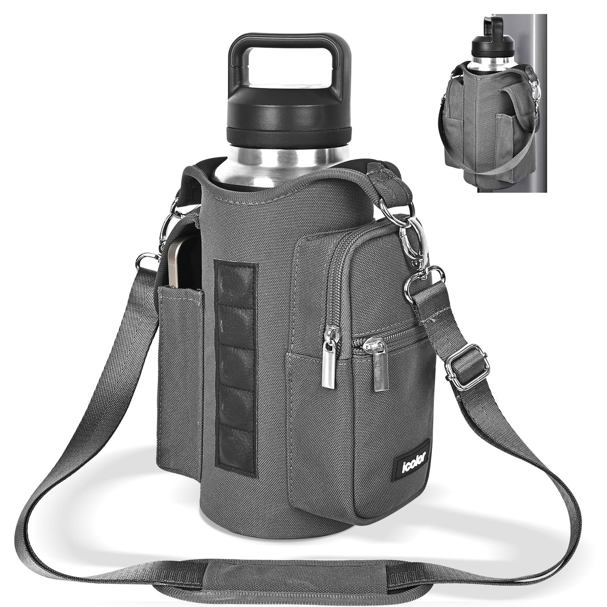 icolor Magnetic Gym Bag Water Bottle Carrier Holder with Phone Pockets & Strap,Nylon Gym Magnetic Bag 5 Built-in Magnets Gym Accessories Organizer Bottle Pouch Sleeve for Men Women (Light Gray)