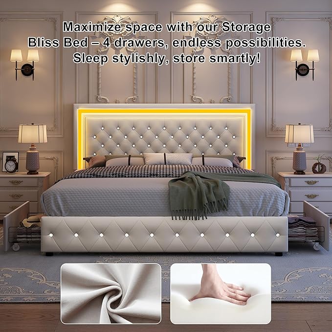 Full led Bed Frame, Bed with Storage Drawers, No Box Spring Needed, 900 lbs Capacity, Easy Assembly, Velvet Cream