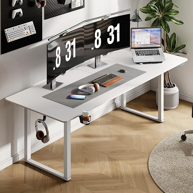 ONBRILL Standing Desk, 63x30 Inches Rectangle Stand Up Desk with 4 Legs, Dual Motor and Memory Controller, Adjustable Height from 28-46 Inches for Home and Computer Workstation, White