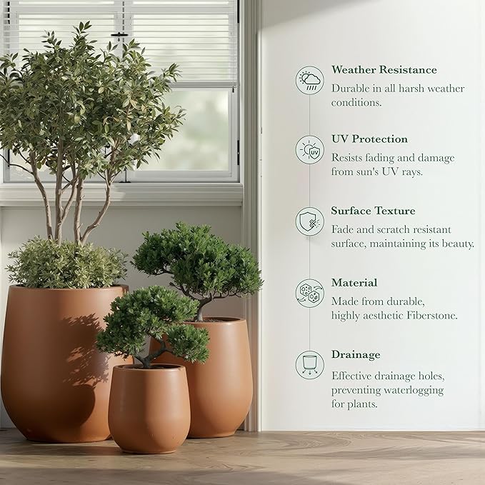 DTY Signature Mount Wilson Modern Indoor Outdoor Fiberstone Tapered Planter, Lightweight, Weather Resistant Garden Pot with Drainage Hole & Rubber Plug, Planter for Christmas Decor – Terracotta, Small