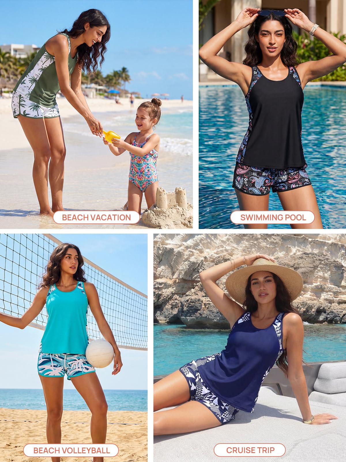 Summer Mae Blouson Tankini Swimsuits for Women 2026 Tummy Control Two Piece Bathing Suits with Sporty Pockets Swim Shorts Porcelain Paisley Size 12