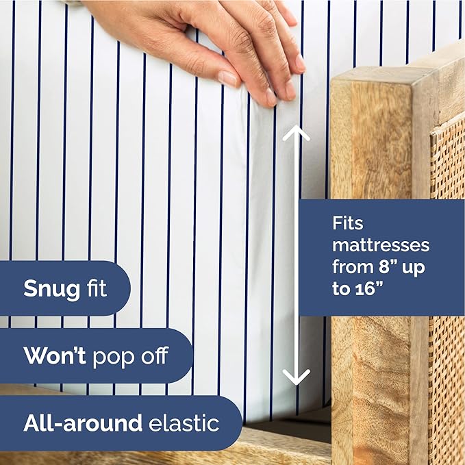 Striped Sheets - Navy Blue & White Striped Sheets - 1 Flat & 1 Fitted & 1 Pillowcase w/ Deep Pockets – Wrinkle & Fade Free - Soft Breathable & Cooling – Luxury Pinstripe Bedding - Twin XL Size Bed Set
