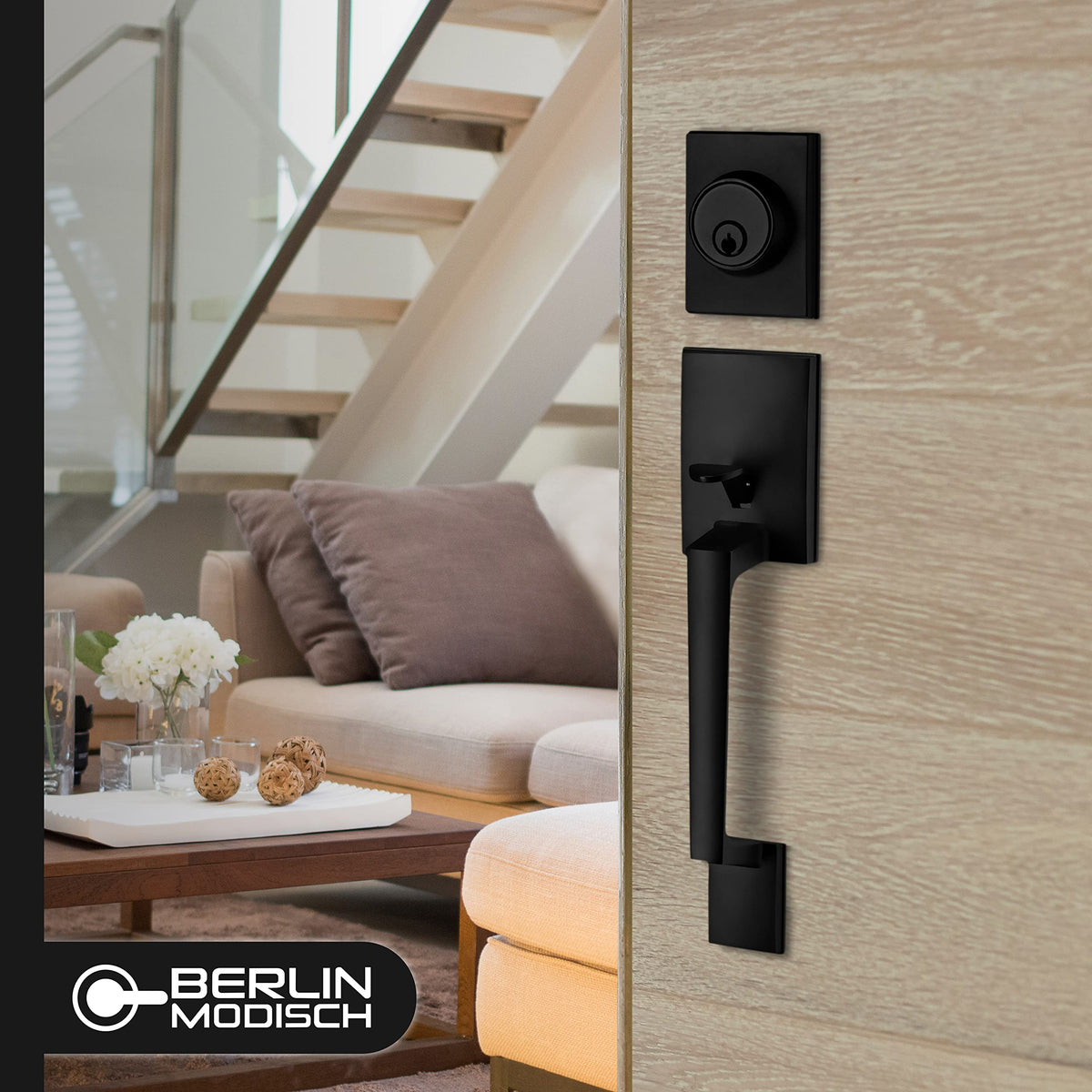 Berlin Modisch Single Cylinder HandleSet with Lever Door Handle (for Entrance and Front Door) Reversible for Right and Left Handed deadbolt Handle Set Iron Black Finish