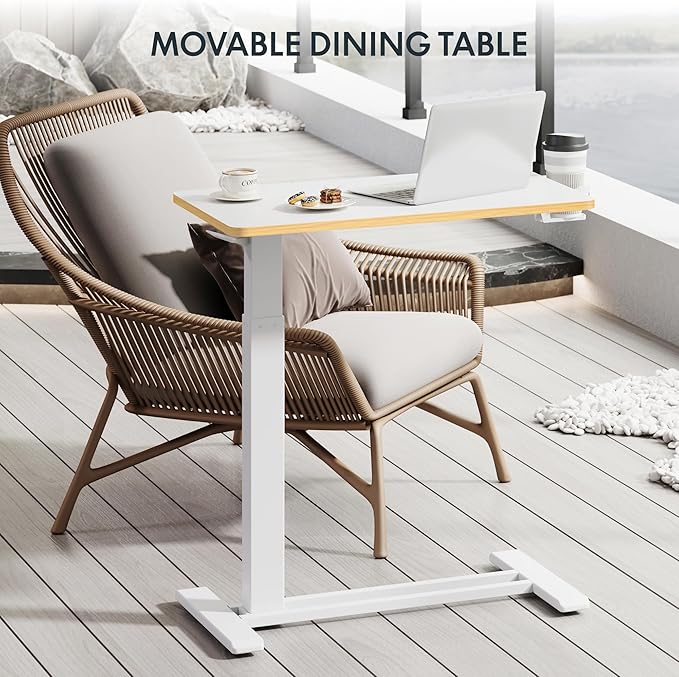 FLEXISPOT Mobile Standing Desk with Wheels Pneumatic Laptop Desk Rolling Computer Cart Movable Height Adjustable Small Sit Stand Desk Computer Workstations Home Use（27.6" W x 15.7" D,White+Maple