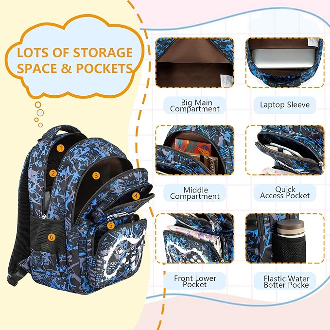 Boys Backpack with Lunch Box Glow in Dark Gamer Bookbag Kids Ages 4-12 Kindergarten Elementary Middle School Gaming Backpack, Gamer Blue