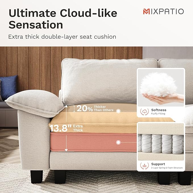 L-Shaped Cloud Modular Sofa Set, 4-Piece Double Loveseat Sectional w/Deep Seat & Removable Arms, Plush Chenille for Living Room - Beige