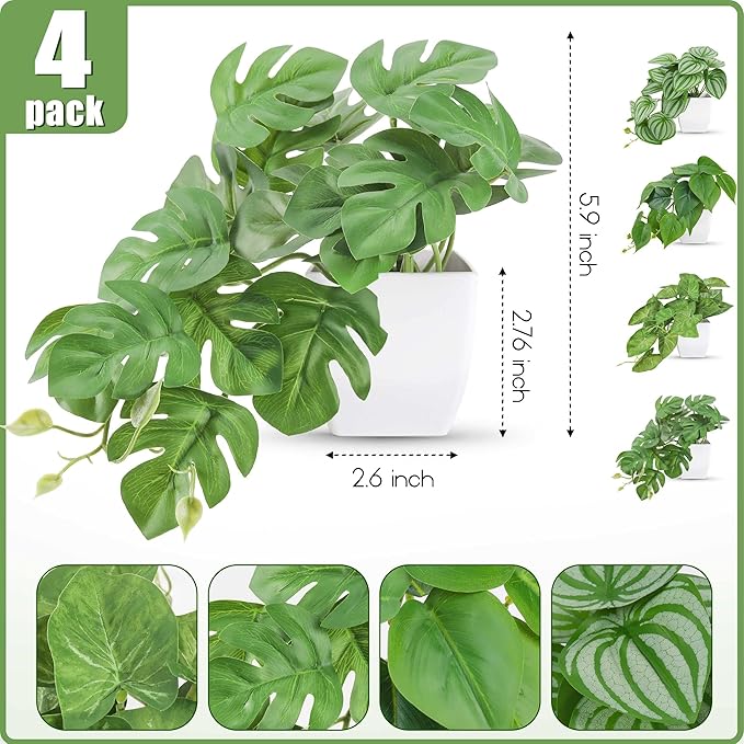 Der Rose 4Pcs Small Fake Plants Artificial Mini Faux Plants for Bathroom Office Desk Shelf Table Accessories Decor Indoor