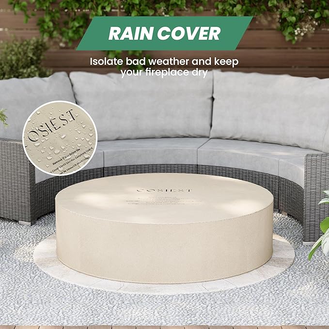 COSIEST Outdoor Propane Fire Pit Coffee Table w Gray 42 inch Round Base Patio Heater, Certified, 50,000 BTU Stainless Steel Burner, Wind Guard, Transparent Gray Fire Glass, Rain Cover