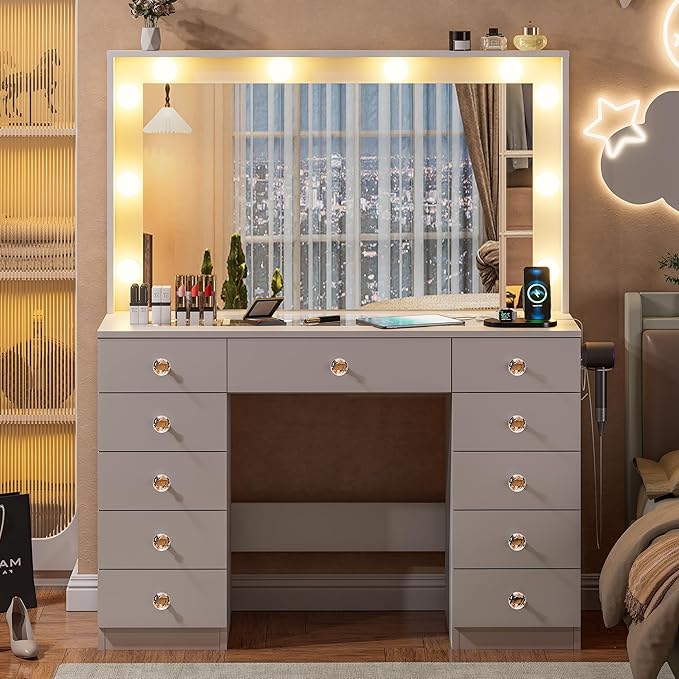 43.3" Vanity with Large Mirror and 10 LED Lights, Vanity Desk with Glasstop, 11 Drawers with Crystal Handles, Dressing Table with Power Outlet as Gift for Women, Girls (White)
