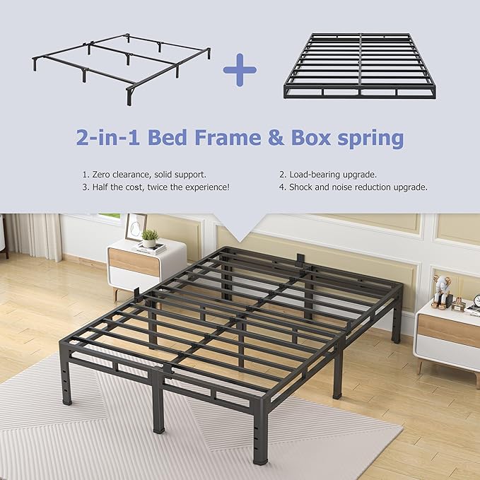 NKZ 18 Inch Full Size Bed Frame, Metal Bed Frame & Box Spring 2 in 1 Platform with Round Corner Legs, 4000Lbs Heavy Duty Metal Frame, Mattress Slide Stopper, Headboard Hole, Noise-Free, Easy Assembly