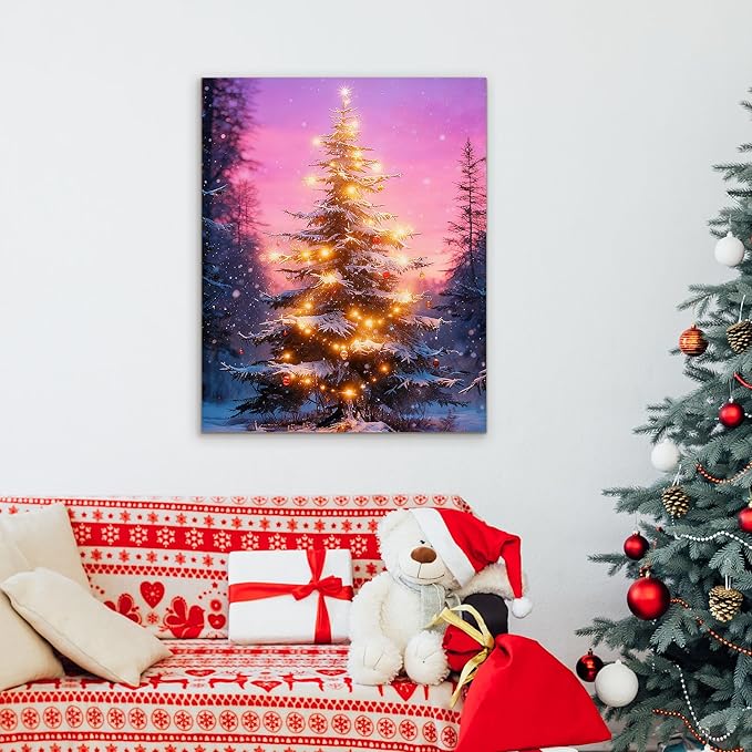 Framed Christmas Pictures Wall Decor,Vintage Pine Tree Prints,Winter Christmas Canvas Wall Art Decoration for Bedroom Bathroom Living Room Rustic Xmas Holiday Gifts (Christmas Tree 18, 16'' X 24'')