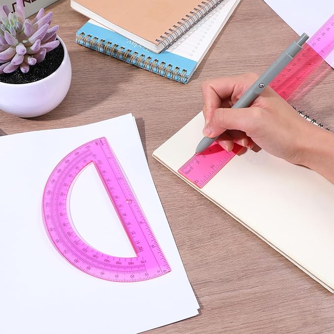 2 Pack Ruler Pink 12 Inch and 6 Inch Transparent Pink Plastic Ruler and Protractor Set Plastic Protractor Set Clear Math Drafting Geometry Sets for Home Office Drawing Architect Engineer