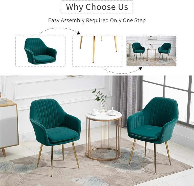 ECOTOUGE Modern Dining Chairs Set of 4, Upholstered Dining Room Chairs with Golden Metal Legs, Matte Velvet Kitchen Chairs for Dining Table, Accent Chairs for Living Room, Emerald Green