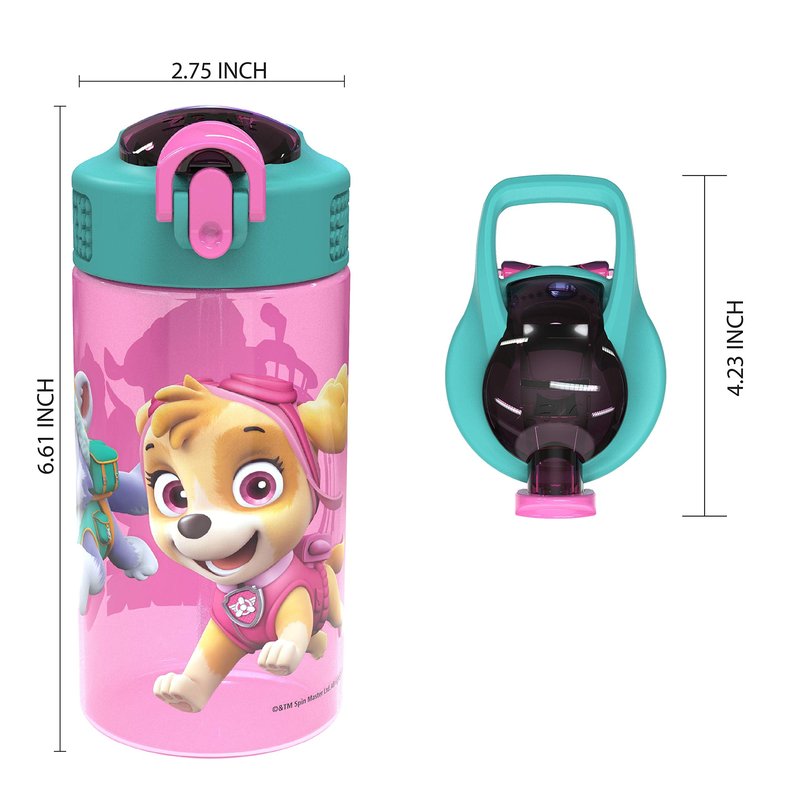 Zak Designs Kids Durable Plastic Spout Cover and Built-in Carrying Loop, Leak-Proof Water Design for Travel, (16oz, 2pc Set), Paw Patrol Skye Bottle 2pk