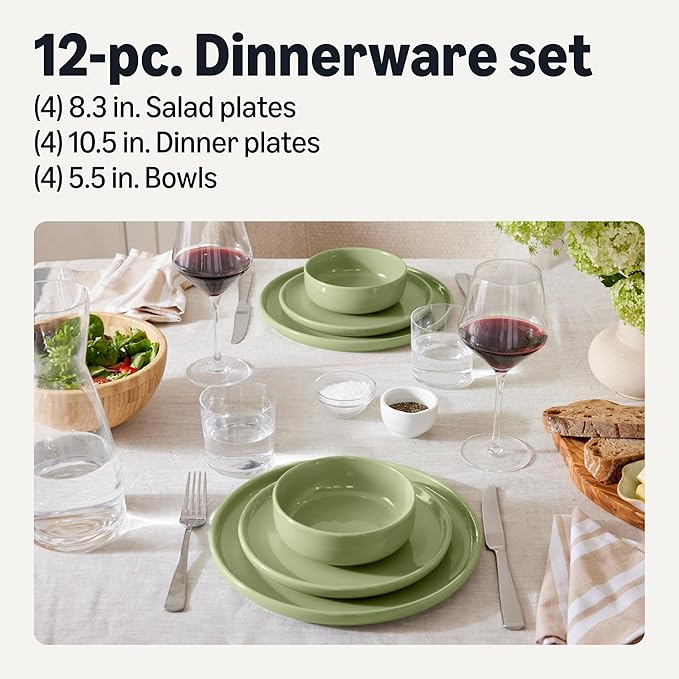Amazon Basics Glazed Stoneware Dinnerware, Ceramic 12-Piece Set, 4 Full Place Settings, Dishwasher-Safe, Olive