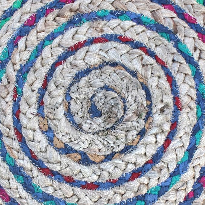 SIMPLIHOME Margo Round Pouf - 20 inch Wide Handwoven Jute and Cotton Braided Ottoman in Blue, Boho-Style Footstool or Extra Seating for Living Room or Bedroom with Polystyrene Bead Filling, Assembled