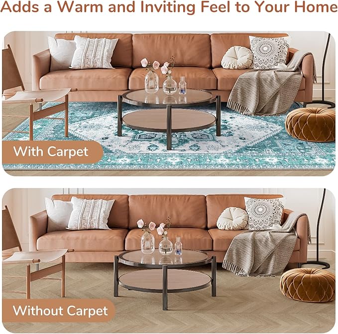 OPPODREAM Thin 6x9 Area Rugs, Washable Rug 6x9 with Non Slip Backing, Faux Cashmere Low-Pile 6 x 9 Carpet, Teal & Turquoise & Cream