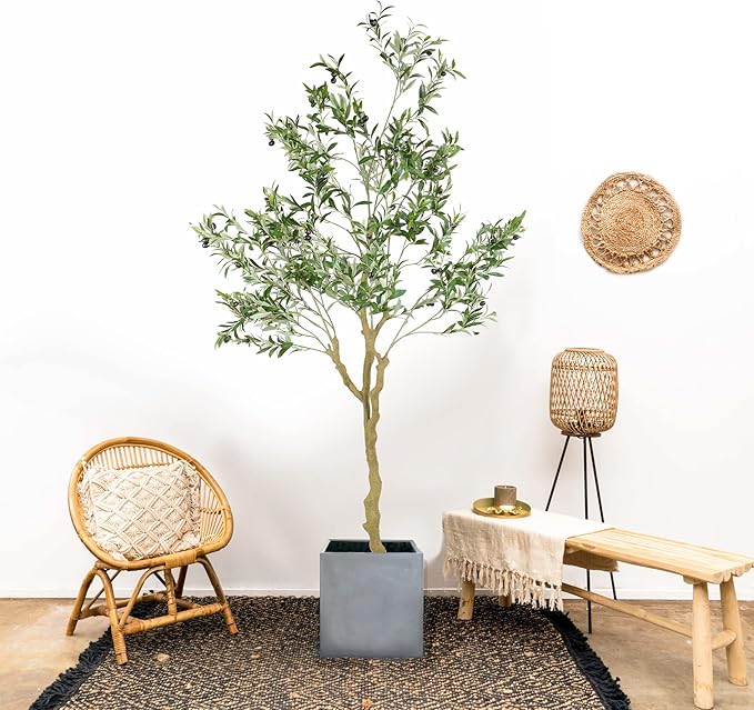 Tall Faux Olive Tree，7ft（84in） Realistic Potted Silk Artificial Olive Tree， Fake Olive Trees Indoor for Home Office Living Room Bedroom Stairs Foyer Decor.2pack.