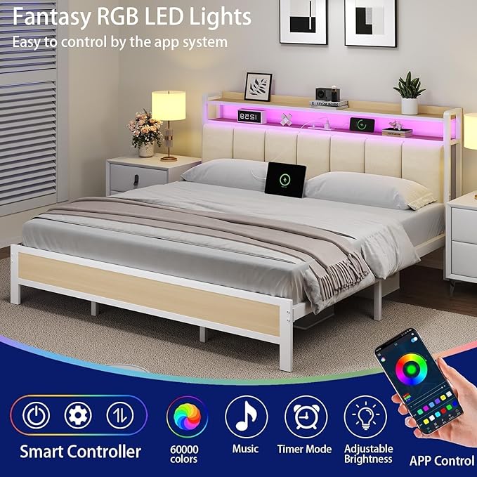 Queen Bed Frame with Charging Station and Storage Headboard, Metal Platform Bed Frame Queen Size with LED Lights, Heavy Duty Metal Slats Support, No Box Spring Needed, Easy Assembly, Beige