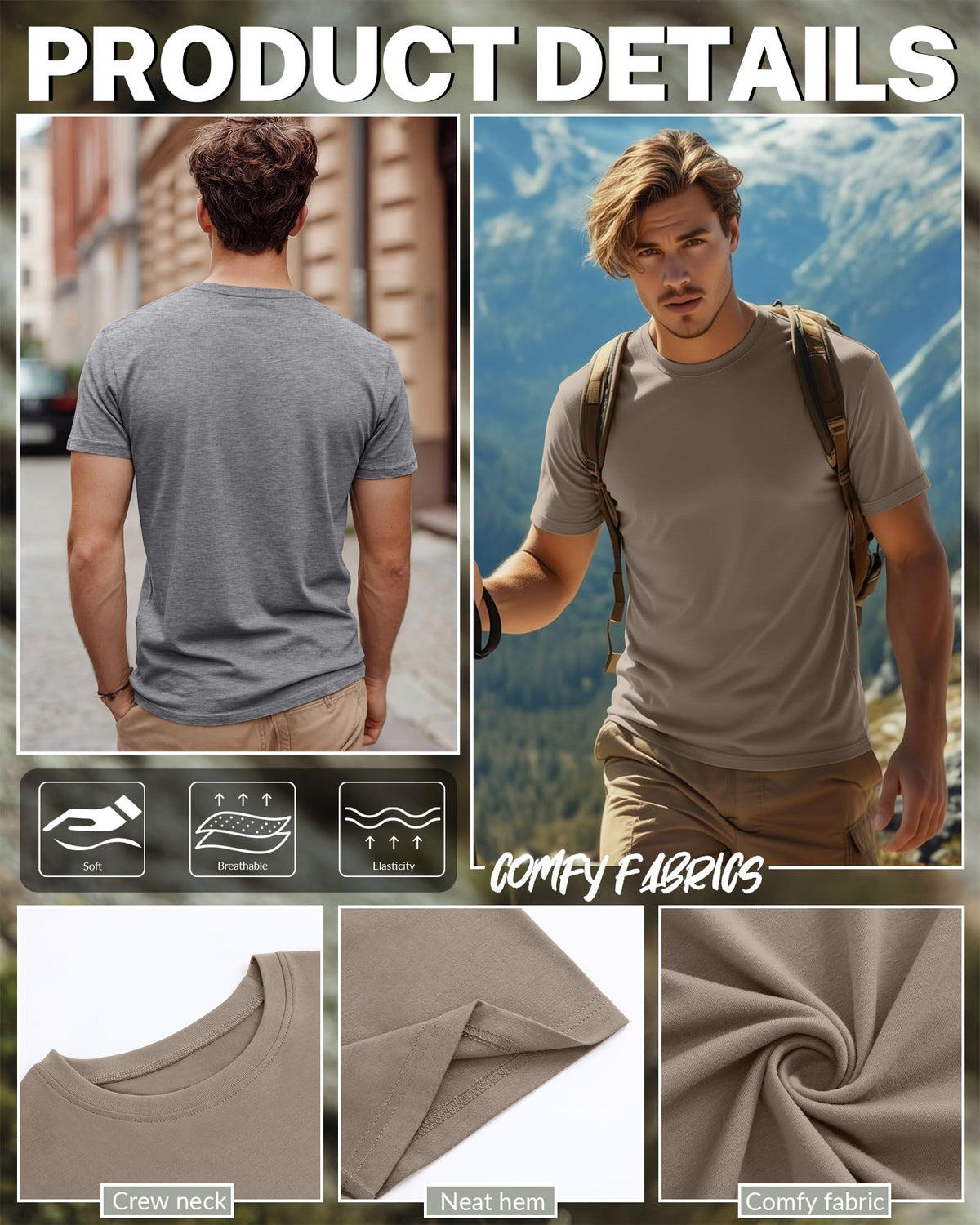 Ficerd 5 Pack Mens Big and Tall T Shirts