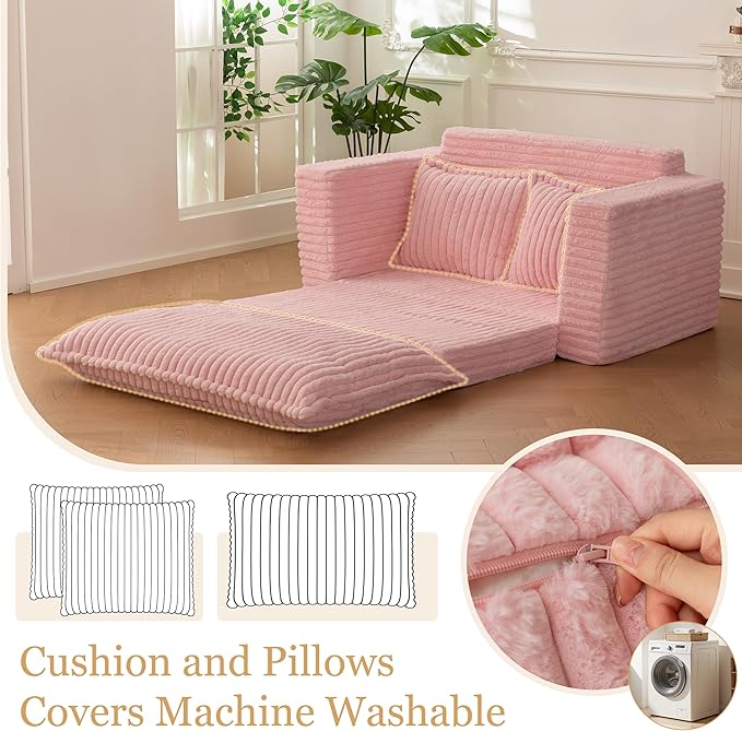 YOSHOOT Loveseat Sleeper Sofa, Convertible Sofa Bed Couch Futon Couches for Living Room, 3-in-1 Pull Out Floor Couch with Washable Cushion and Pillows