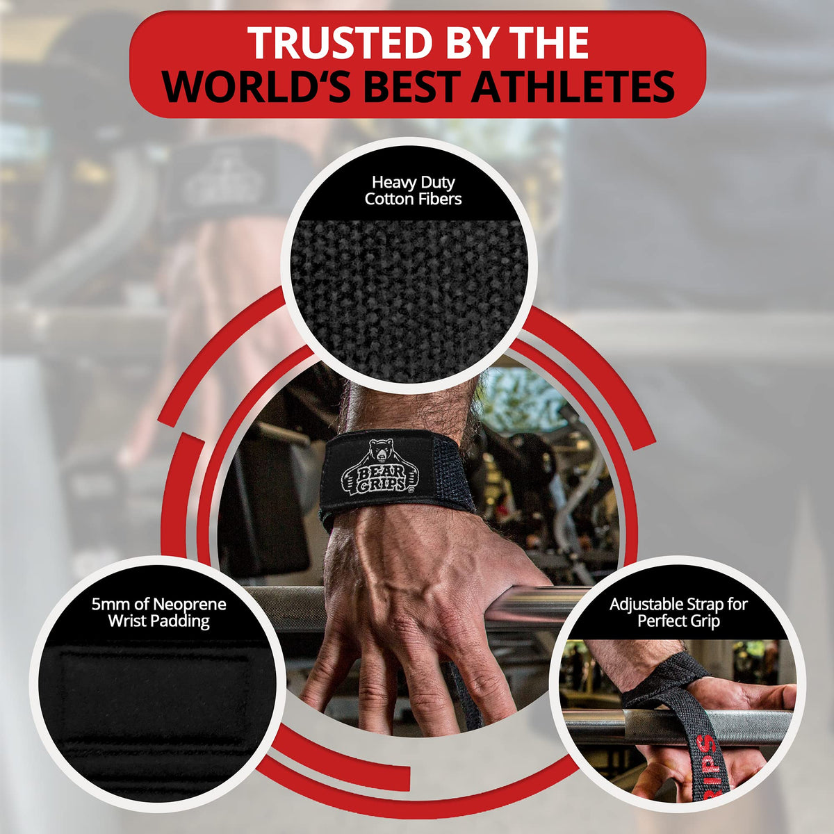 Bear Grips Lifting Straps - Gym & Weightlifting Straps for Men & Women, Deadlift Support, 2 Pairs