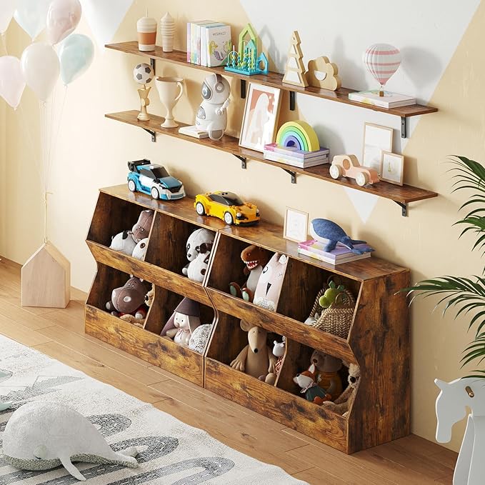 DINZI LVJ Kids Bookshelf, Toy Storage Organizer, Wooden Toy Storage Cabinet, 4 Cubby Children Bookcase, 39.4" L Toddler Book Shelf for Bedroom, Nursery, Hallway, School, Rustic Brown