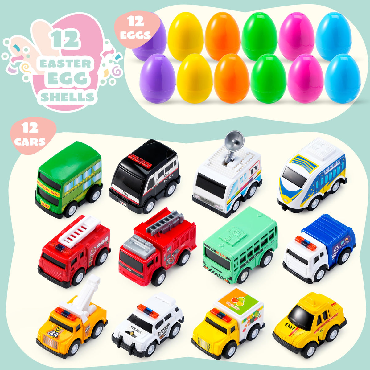 JOYIN 12 Pcs Prefilled Easter Eggs with Toys, Plastic Eggs with Alloy Pull Back Cars, Easter Basket Stuffers, Party Favors for Kids, Classroom Prize Supplies