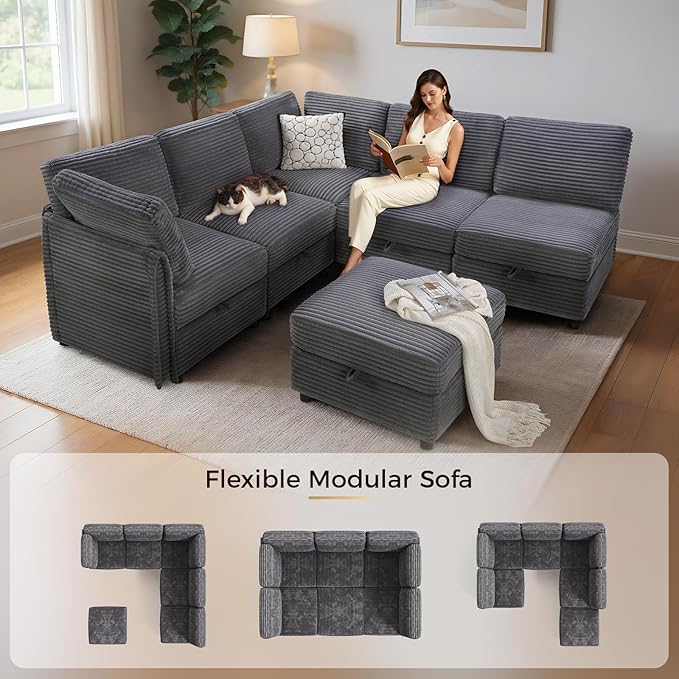 KKL Modular Sectional Sofa V-Shaped 6 Seater Couch with Storage Ottoman, Convertible L/J-Shaped Couch and Sofa Bed Plush Wide-Wale Corduroy for Living Room, Apartment, Modern Design, Gray