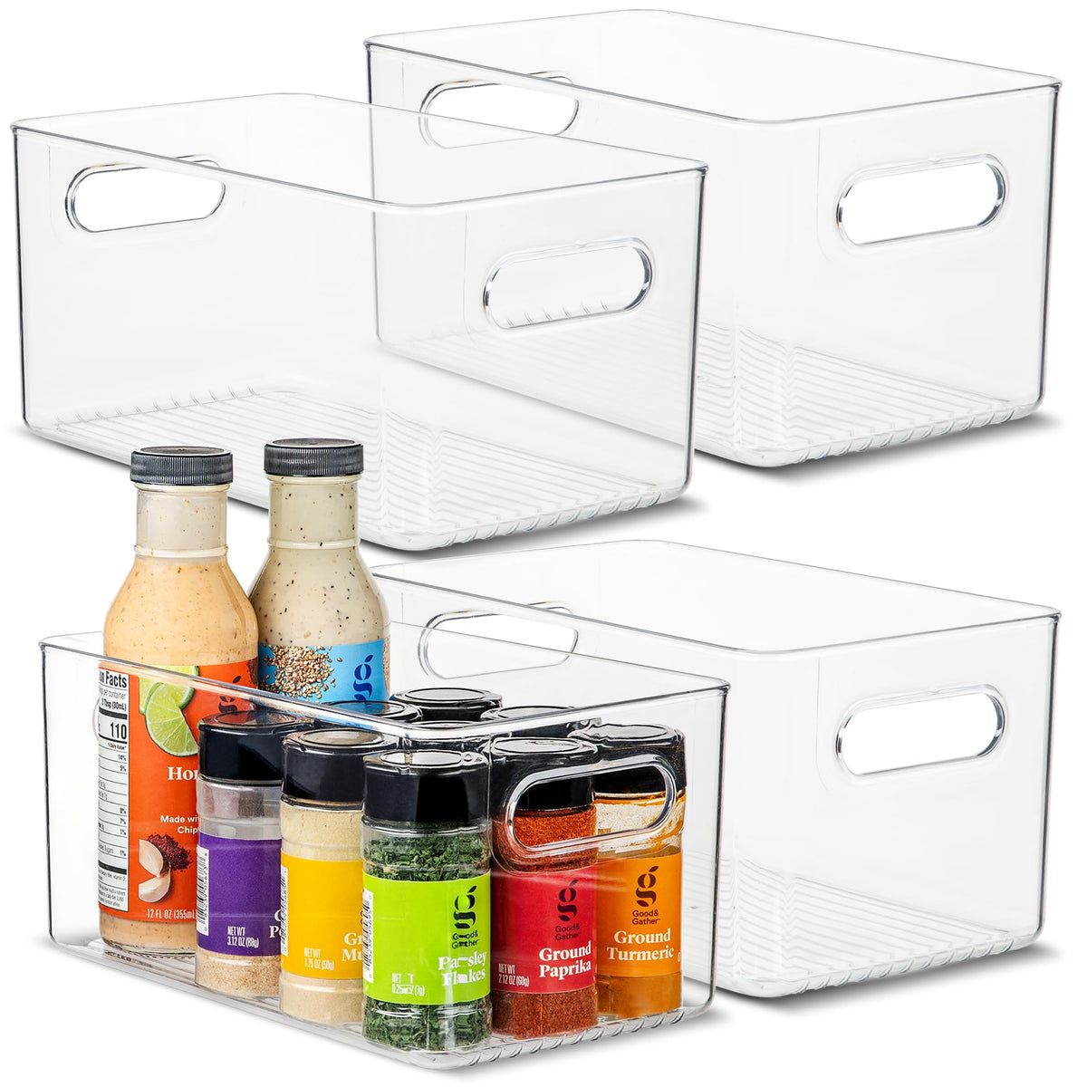 Plastic Food Storage 2 Pack Clear Container Bin with Handles for Organizing Kitchen, Pantry, Refrigerator, Freezer, Pantry, Cabinet, Closet, Bathroom. 16”x8”x5”
