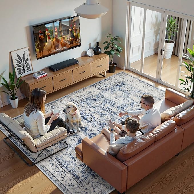 Lahome Blue Area Rug for Living Room 6x9 Machine Washable Area Rugs Living Room Rug,Vintage Distressed Soft Rubber Backing Stain Resistant Indoor Carpet for Office