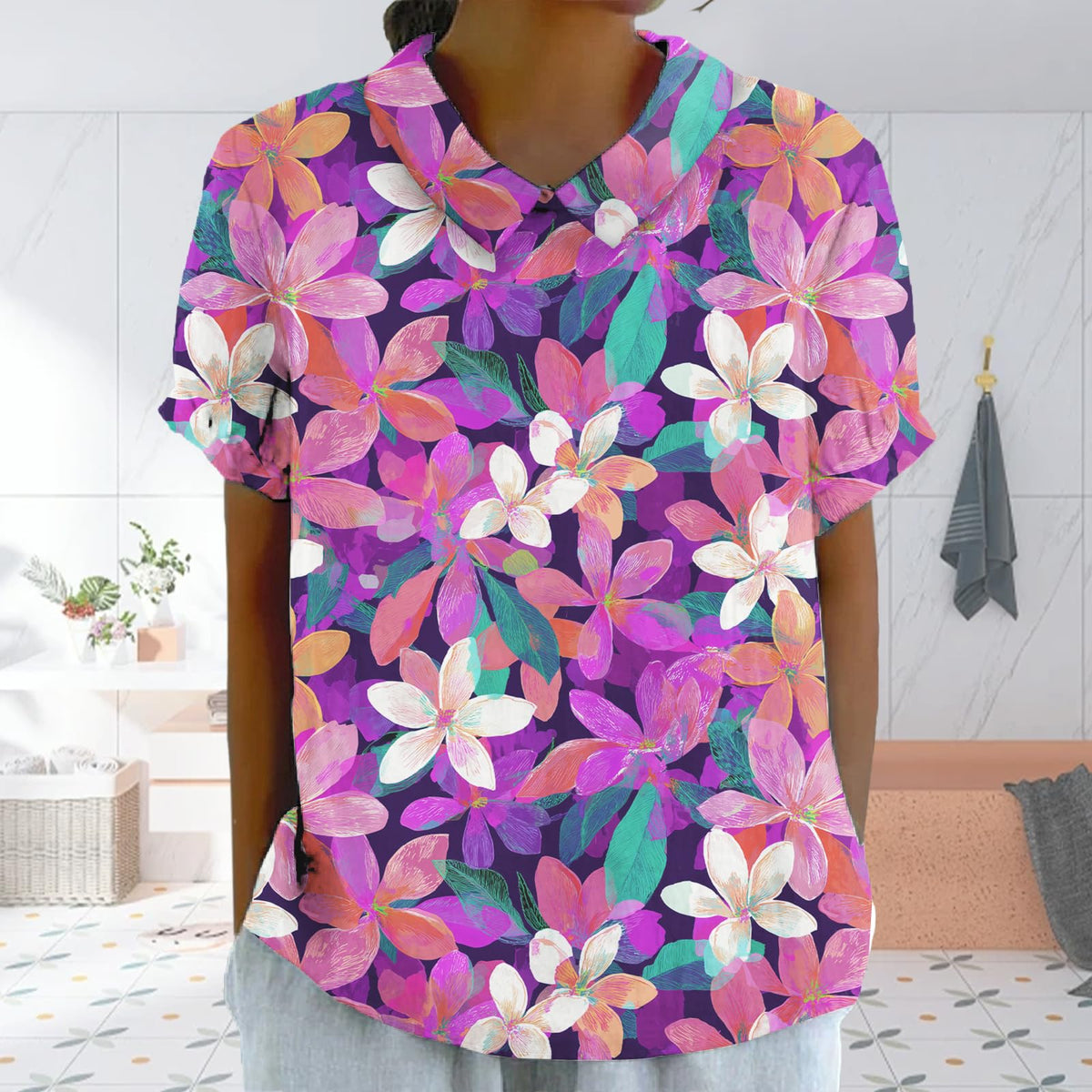 Summer Hawaiian Style Casual Shirts for Women Comfy Lightweight Short Sleeve Tee Flowy Collared Neck Trendy Top