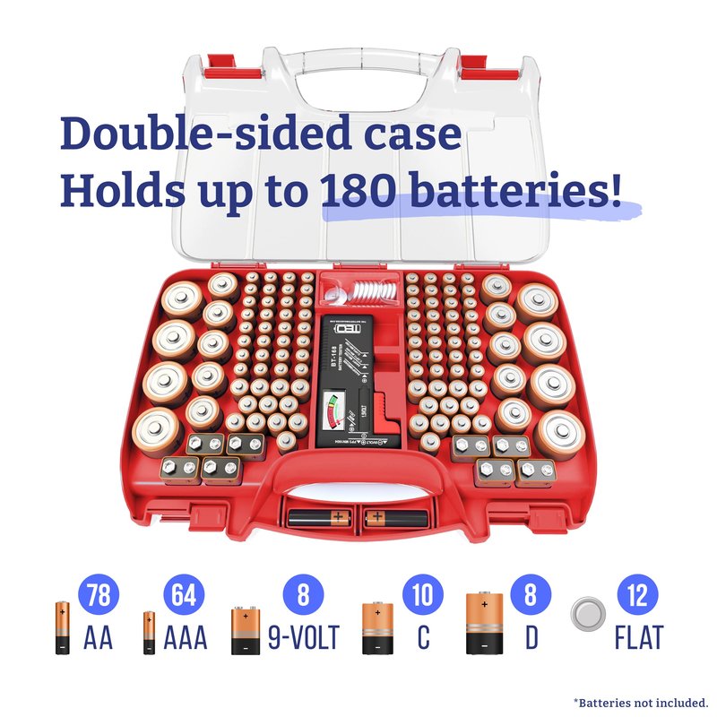 Battery Organizer Storage Case with Tester, Holds 180 Batteries, Clear Hinged Cover, Locking Lid - For AA, AAA, C, D and More, Red