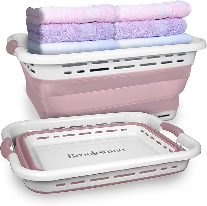 BROOKSTONE 11 GALLON XL 24" Collapsible Laundry Basket & Clothes Hamper, Comfort Non-Slip Handles, Modern Laundry Hamper with Space Saving Design, Portable Pop-Up Hamper, BPA FREE, Blush Pink, 1 Pack
