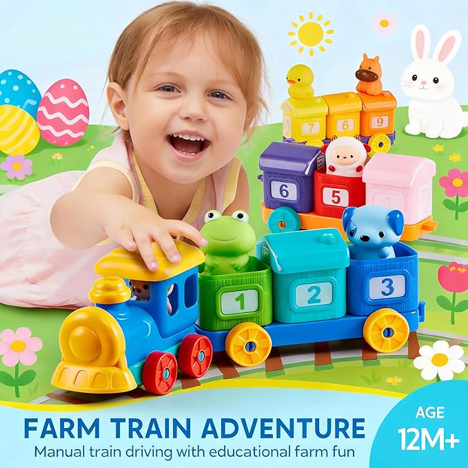 Play-Act Learning Toy for Toddlers 1 2 3 Years Old, Counting, Matching & Sorting Montessori Learning Farm Train Including 9 Farm Animals, Easter Basket Stuffers Birthday Gift for Baby Boys Girls