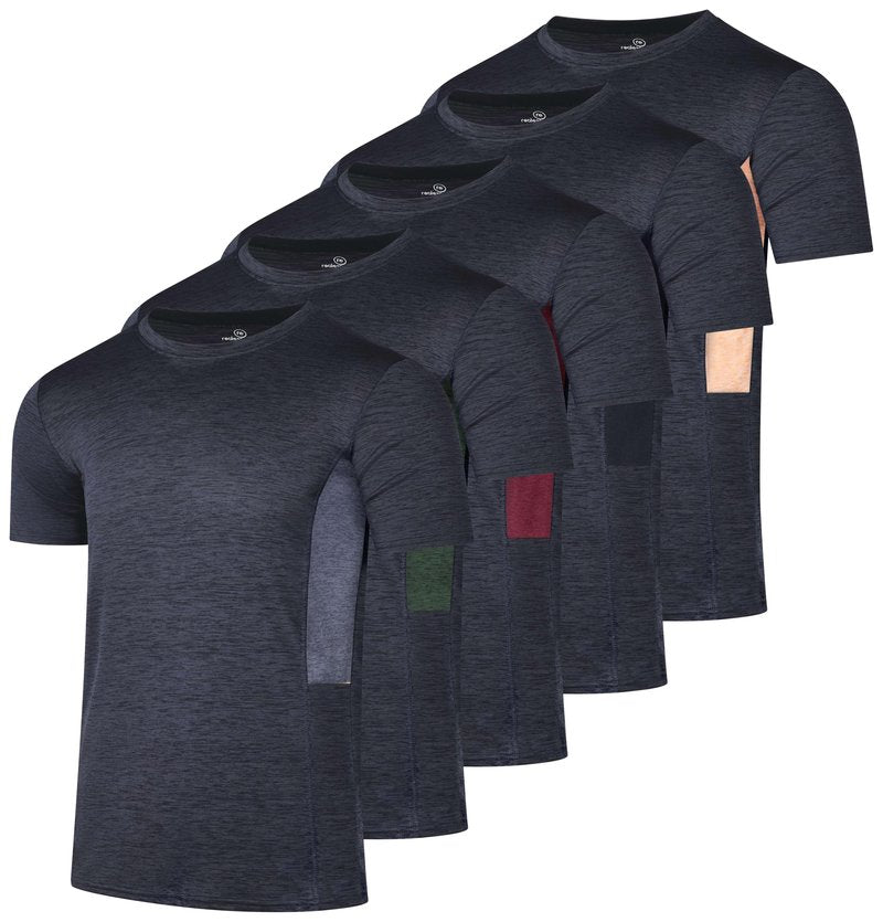 Real Essentials 5 Pack: Men's Dry-Fit Short Sleeve Crew Neck T Shirts Fitness Running Gym Workout Cool Exercise Athletic Tee, Set 7, Medium