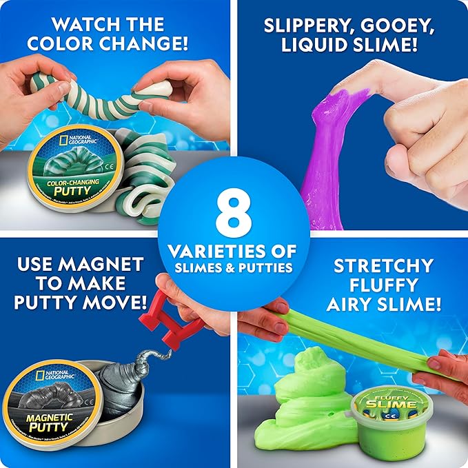 NATIONAL GEOGRAPHIC Mega Slime Kit & Putty Lab - 4 Types of Slime Plus 4 Types of Putty Including Magnetic, Slime Kit for Boys and Girls, Sensory Toy & Science Kit