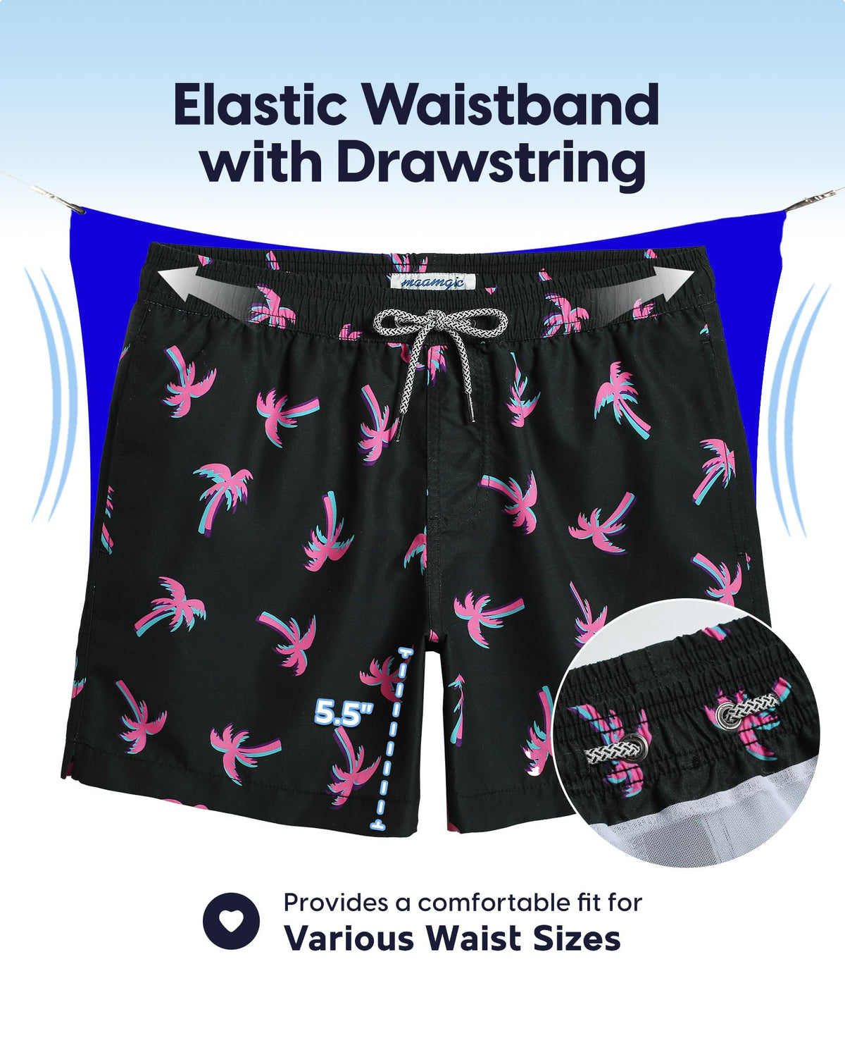 maamgic Mens Swim Trunks 5 Inch with Mesh Lining, Quick Dry Mens Bathing Suit, Swim Shorts for Swimming and Beach, Medium