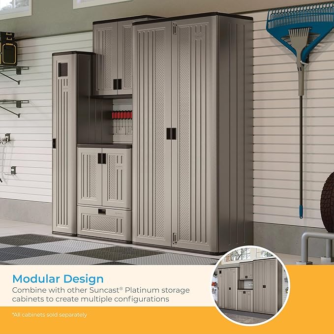 Suncast 31 Cubic Feet Mega Tall Storage Cabinet with 3 Adjustable Shelves, Platinum Metallic & Slate – Garage or Basement Utility Resin Organizer with 75 Pound Capacity Per Shelf and Lockable Doors