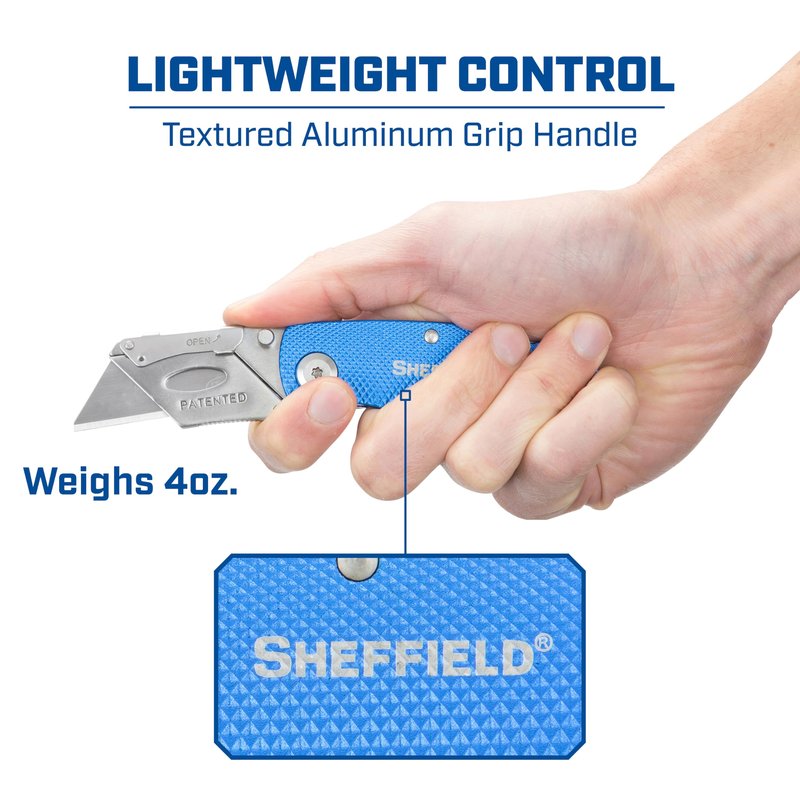 Sheffield Folding Utility Knife, Accepts Standard Utility Knife Blades, Box Cutter Aluminum Handle, Razor Blades Included, For Home, Office, Trades, and Warehouse