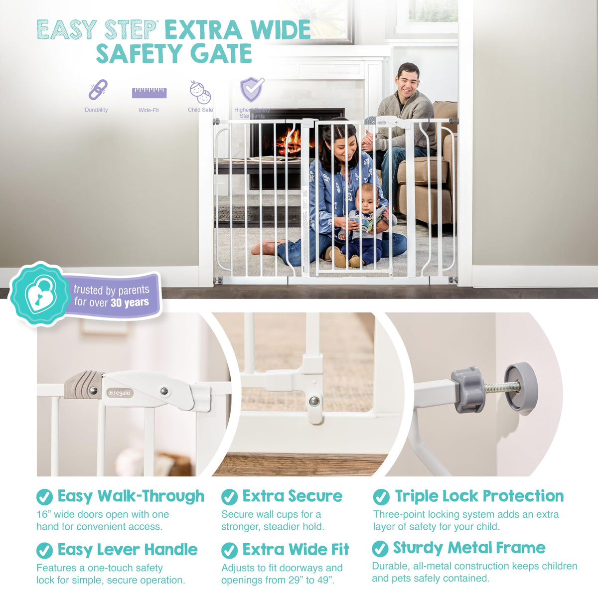 Regalo White Extra Wide Metal Pet Gate, 2" L X 49" W X 30" H
